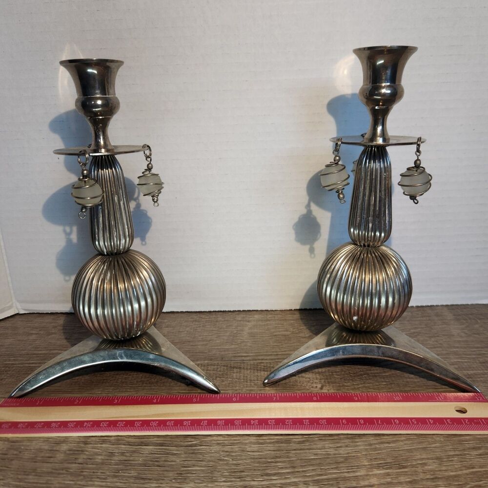 Pair Silvertone Candlestick Holders Art Deco/MCM style Atomic shape - Picture 3 of 11
